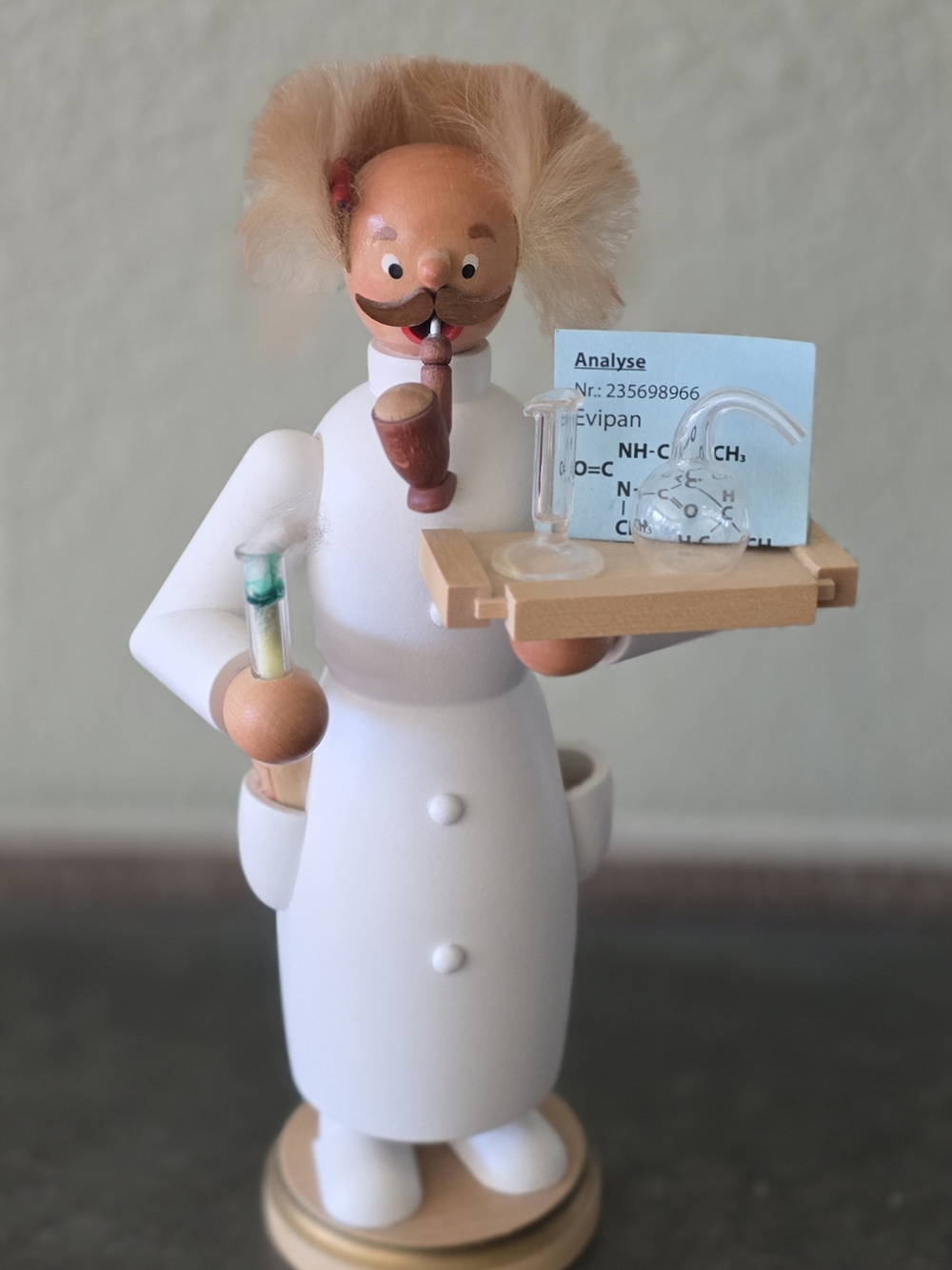 Wooden Scientist Figurine with Lab Accessories — White Coat